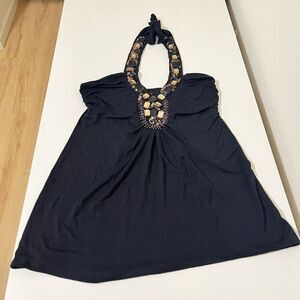 Even Halter Tie Jeweled Sequins Beads Tank Top Black Y2K Women's Size Medium NWT